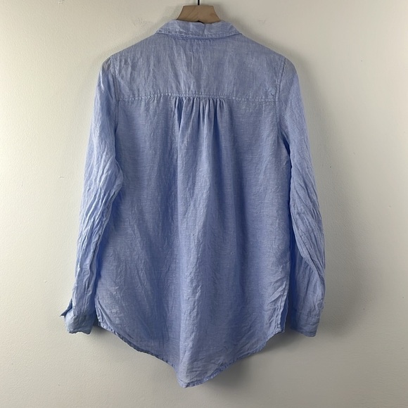 Sigrid Olsen Blue 100% Linen Popover Roll Tab Sleeves Beachy Coastal Top Size M - Picture 2 of 13